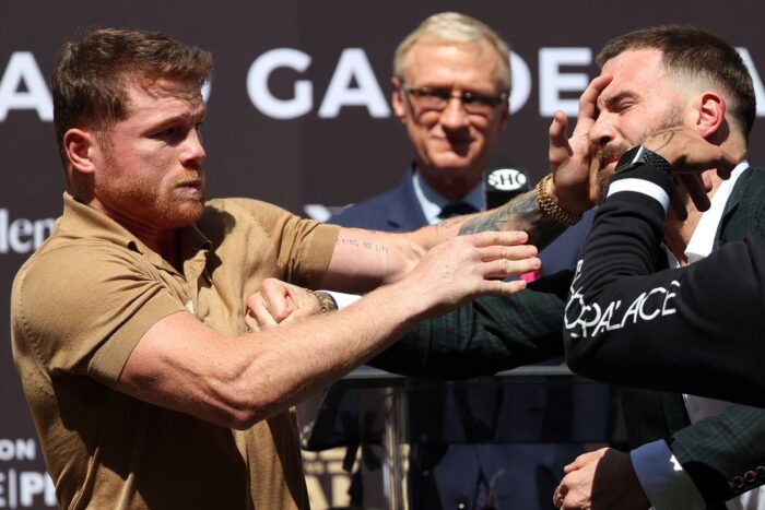 Canelo Alvarez and Caleb Plant fight at press conference